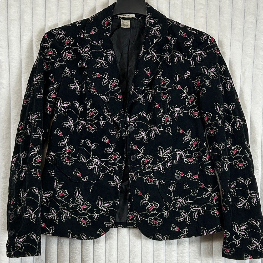 Edward black corduroy floral embroidered blazer jacket, size 14